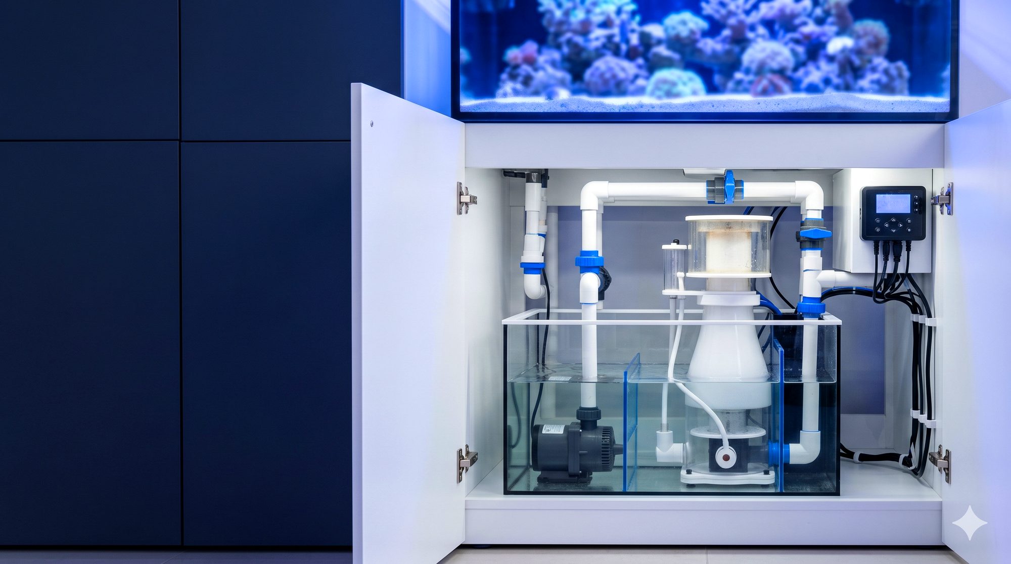 A modern reef aquarium with its equipment and sump